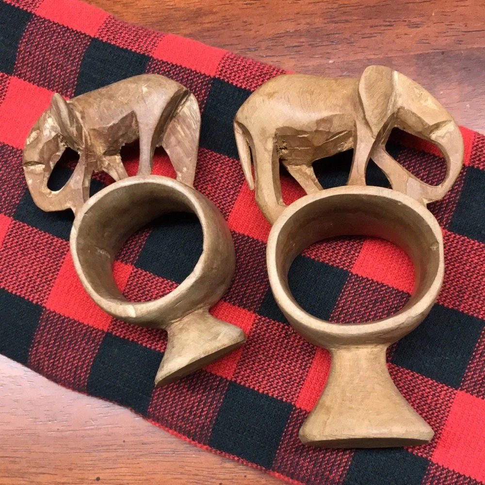 Vintage Hand Carved Wooden Elephant Napkin Rings